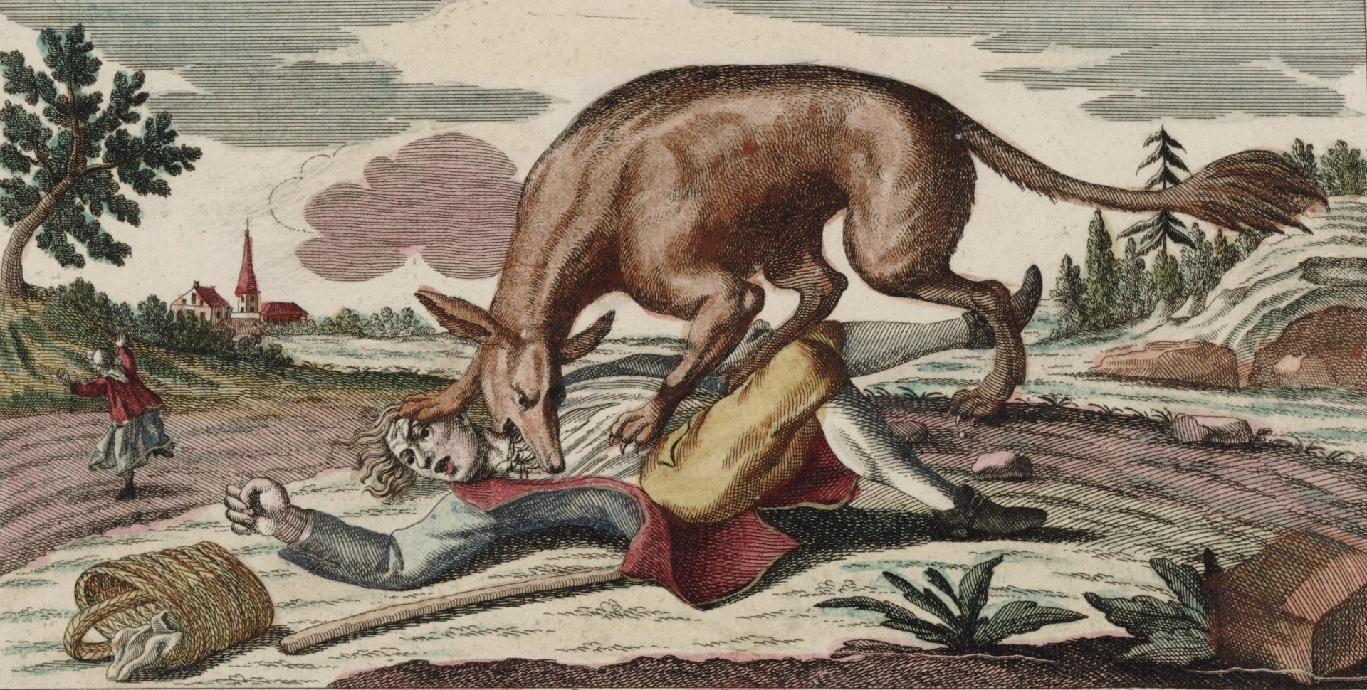 Bête du Gévaudan, kolorierte Druckgrafik, ca. 1764.